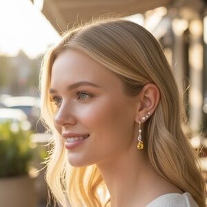 Elegant Silver Citrine Pear Shape Earrings, Diamond Simulant accents Yellow